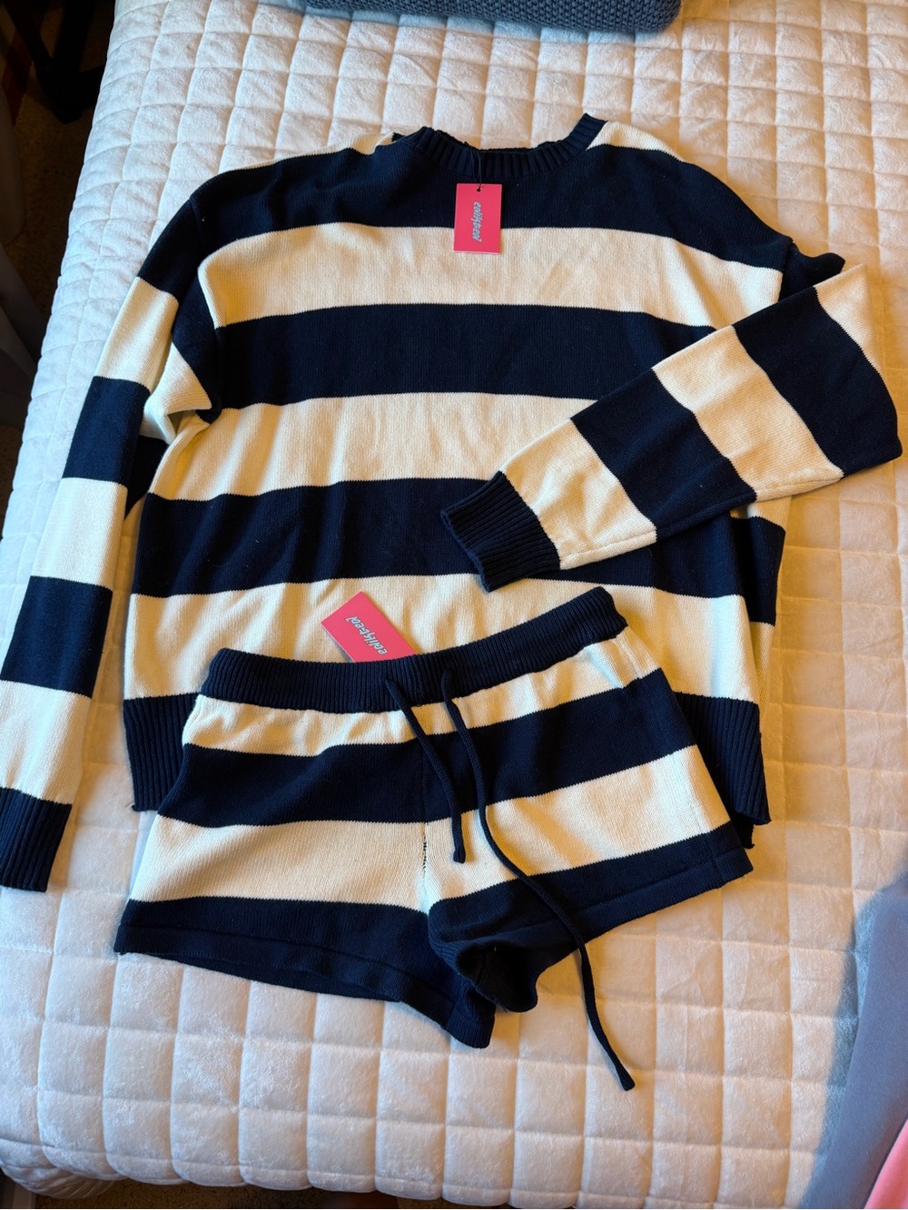 Edikted Navy and Cream Knit Sweater and Shorts Set